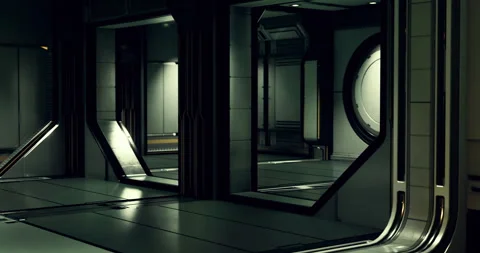 Exploring a futuristic corridor in a high tech facility at nighttime Stock Footage 316216403