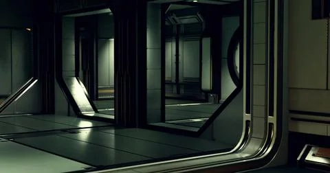 Exploring a futuristic corridor in a high tech facility at nighttime Stock Illustration