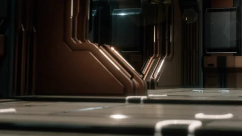Exploring a futuristic corridor in a sci fi setting with bright lights Stock Footage 344968151