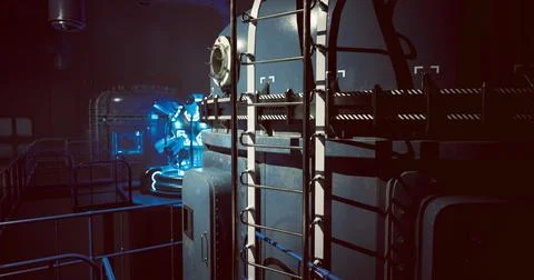 Exploring a futuristic industrial facility with advanced technology at night Stock Illustration