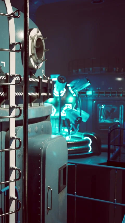 Exploring a futuristic laboratory with blue lights and complex machinery Stock Footage 342108596
