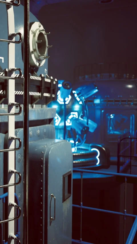 Exploring futuristic machinery in a glowing high tech environment Stock Footage 331833733