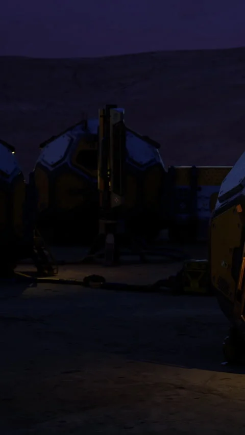 Exploring a futuristic outpost on a distant planet during twilight hours 動画素材 331829020