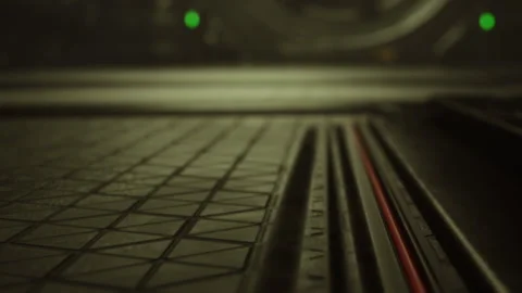 Exploring Futuristic Patterns on a Sleek Surface Illuminated by Green Lights Stock Footage 344823053