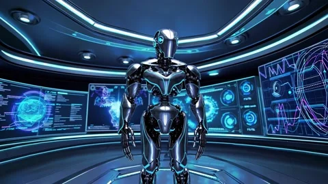 Exploring a futuristic robot in a high-tech control room with holographic displa Stock Footage 296191792