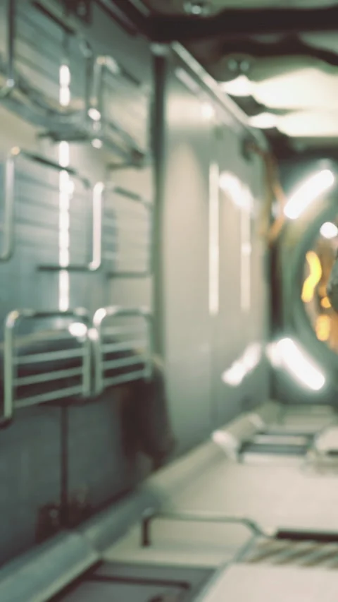 Exploring a futuristic space station corridor with advanced technology Stock Footage 336575597