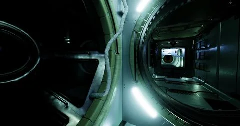 Exploring a futuristic space station corridor with glowing lights Stock Illustration