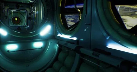 Exploring a futuristic spacecraft corridor with views of Earth beyond Stock Illustration