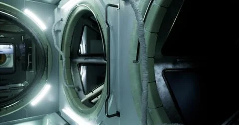 Exploring a futuristic spacecraft with glowing tech and details Illustrazione stock