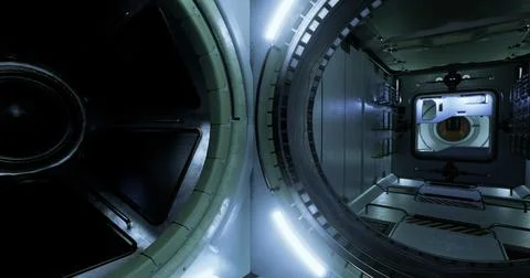 Exploring a futuristic spaceship interior with advanced technology and lighti Stockillustratie