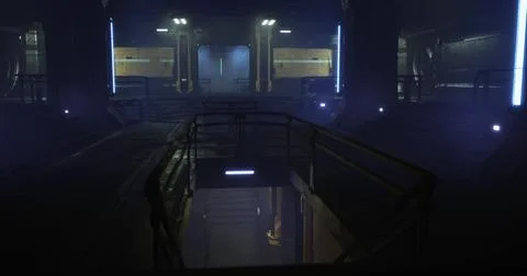 Exploring a futuristic underground facility with illuminated walkways at nigh 库存插图
