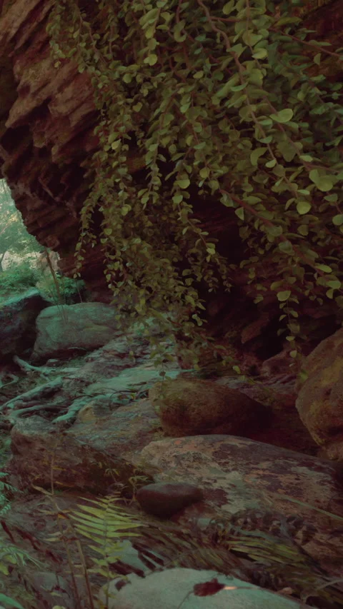 Exploring a green cave with rocks and plants in a natural setting Stock Footage 341986152