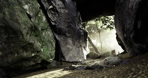 Exploring a hidden cave entrance surrounded by lush greenery and sunlight Stock Illustration