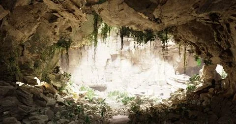 Exploring a hidden cave illuminated by sunlight in a lush natural setting Stock Illustration