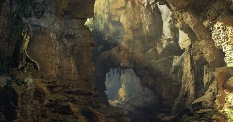 Exploring a hidden cave with intricate rock formations and lush greenery Stock Illustration