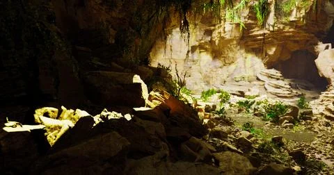 Exploring a hidden cave with lush greenery and rocky formations during daylig Stock Illustration
