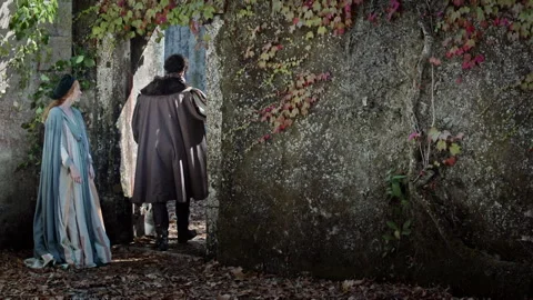 Exploring a hidden path through an ancient stone wall in autumn Stock Footage 327964273