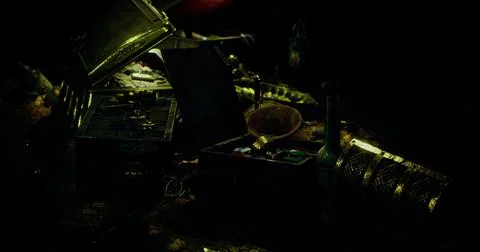 Exploring hidden treasures in a dimly lit, mysterious setting Stock Illustration