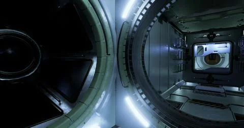 Exploring a high tech space station corridor with illuminated interiors Stock Illustration