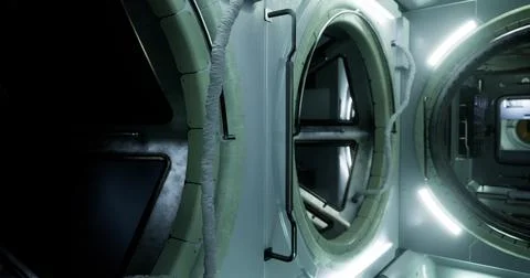 Exploring a high tech spacecraft interior with advanced lighting Illustrazione stock