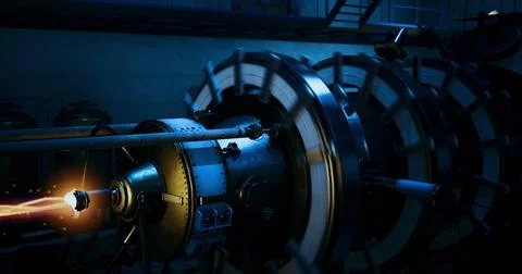 Exploring a high tech turbine in a dark industrial workshop Stock Illustration