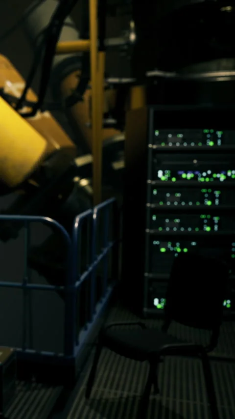 Exploring a high tech workshop with glowing servers and intricate machinery Stock Footage 341394821