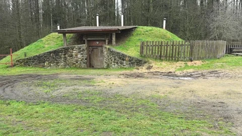 Exploring a historical burial mound site in a forested area during a cloudy day Stock Footage 329387613