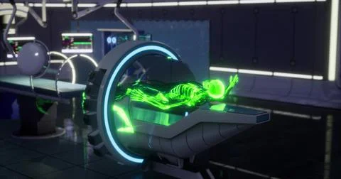 Exploring the human body skeleton in a futuristic laboratory setting Stock Illustration