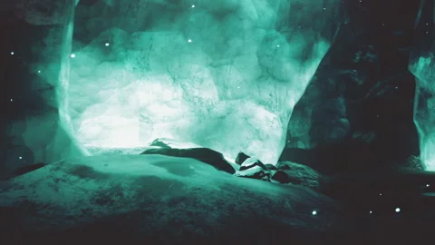 Exploring an ice cave with glowing walls and rocky ground Stock Footage 343555126