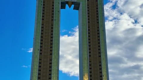 Exploring Iconic Modern Architecture The Tower Structure Featuring a Unique.. Stock Photos
