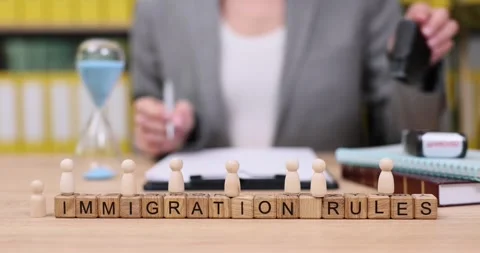 Exploring immigration rules through playful wooden letters and symbols in a Stock Footage 319754093