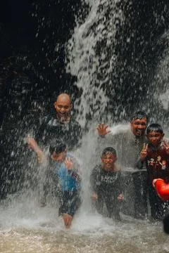 Exploring Indonesia's Refreshing Mini Waterfall (Curug Leuwi Hejo) Stock Photos