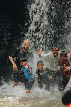 Exploring Indonesia's Refreshing Mini Waterfall (Curug Leuwi Hejo) Stock Photos