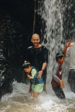 Exploring Indonesia's Refreshing Mini Waterfall (Curug Leuwi Hejo) Stock Photos