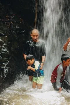 Exploring Indonesia's Refreshing Mini Waterfall (Curug Leuwi Hejo) Stock Photos