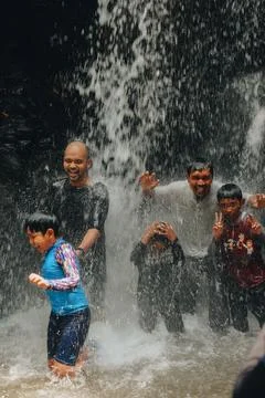 Exploring Indonesia's Refreshing Mini Waterfall (Curug Leuwi Hejo) Stock Photos