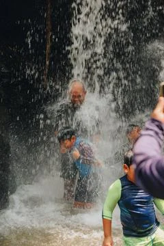 Exploring Indonesia's Refreshing Mini Waterfall (Curug Leuwi Hejo) Stock Photos
