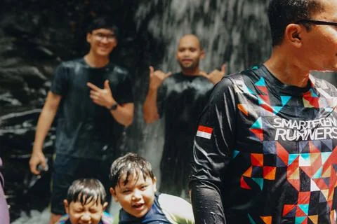Exploring Indonesia's Refreshing Mini Waterfall (Curug Leuwi Hejo) Stock Photos