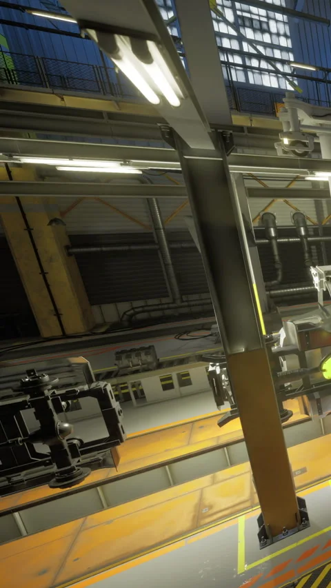 Exploring industrial machinery in a vibrant workshop filled with light Stock Footage 341388861