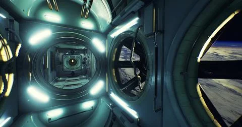 Exploring the interior of a futuristic space station within Earth orbit Stock Illustration