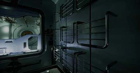 Exploring the interior of a futuristic spacecraft in a deep space environment Stock Illustration
