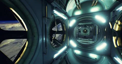 Exploring the interior of a modern space station with Earth in view Stock Illustration