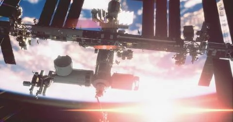 Exploring the International Space Station above Earth during sunset Stock Illustration