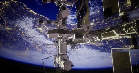 Exploring the International Space Station above Earth at night Stock Illustration