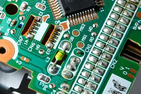 Exploring the intricate design of a circuit board at close range Stock Photos