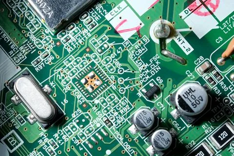 Exploring the intricate design of a modern electronic circuit board Stock Photos