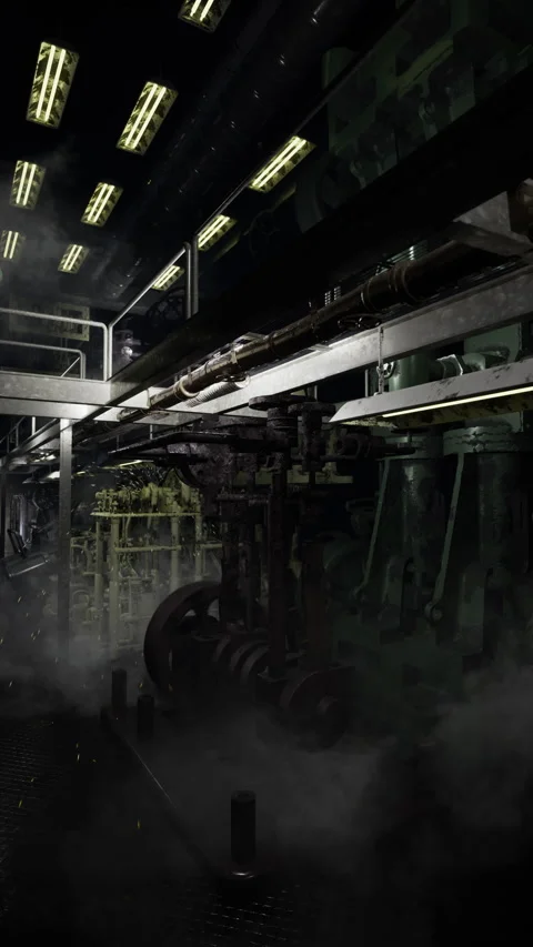 Exploring the intricate details of a dimly lit engine room at night Stock Footage 327180637