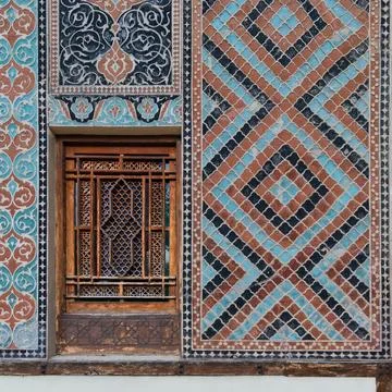 Exploring the Intricate Tile Work and Wooden Window of Shaki Khans Palace in Stock Photos