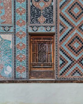 Exploring the Intricate Tile Work and Wooden Window of Shaki Khans Palace in Stock Photos