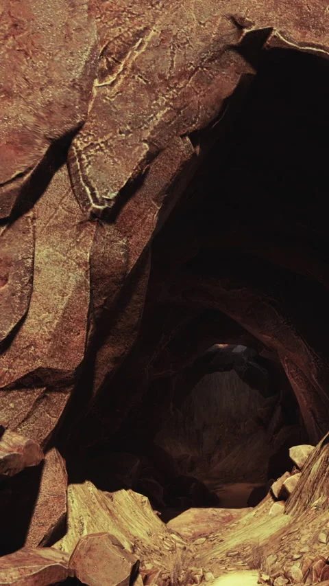 Exploring a large rock cave with narrow paths and rocky formations ahead Stock Footage 337973074